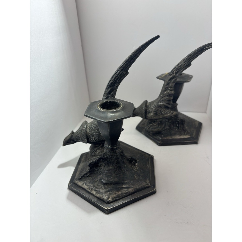Antique American Weidlich Brothers Silver Plated Pheasant Candlestick Holders